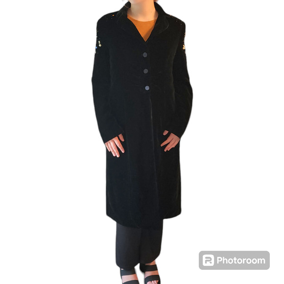Vintage Newport News Black Embellished Shoulders Velvet Button Duster Jacket 10 - Picture 4 of 10